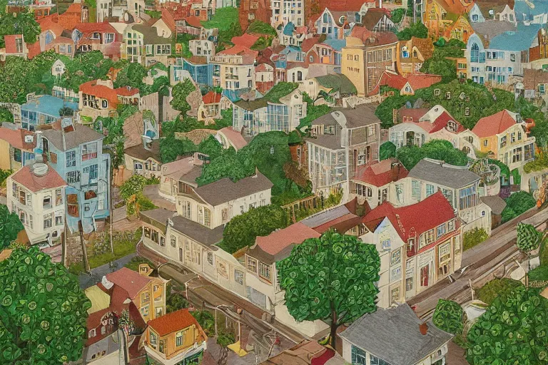 Image similar to an elaborate and dense painting of a peaceful neighborhood, detailed, made of alcohol ink on parchment and penned illustrations, by wes anderson and bosch and geoff darrow