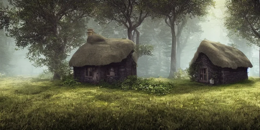 Prompt: lone cottage in the woods, 8k, fantasy, photorealistic, dramatic lighting