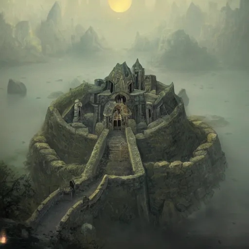 Image similar to aerial view of a stone fort sitting above a cursed swamp in the moonlight, by alan lee by peter mohrbacher, trending on artstation sharp focus vfx key shot