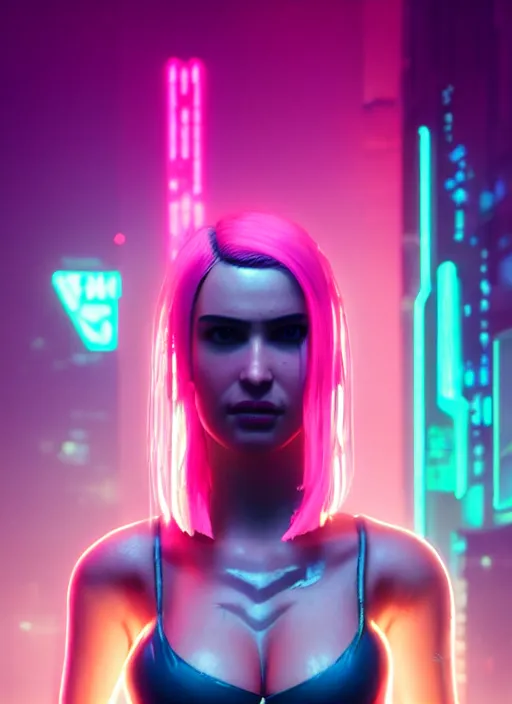 Prompt: half - body portrait of cyberpunk 2 0 7 7 young woman, frank latex mini dress, big breasts push up top, pretty face, short pink hair, glowing neon foggy background, extremely detailed, heavy grain, 5 0 mm bokeh, rtx reflections, unreal engine, octane render, art by artgerm and greg rutkowski and magali villeneuve
