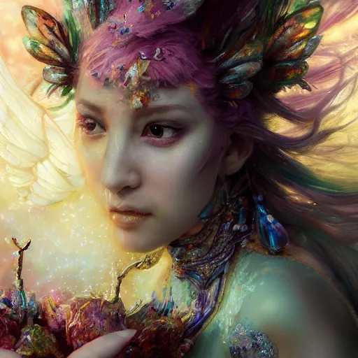 Prompt: face closeup of magical fairy flowers and ice velvet, diamonds, ayppqrstu, angels, 3 d render, hyper - realistic detailed portrait, holding fire and electricity rainbow, ruan jia, wlop. scifi, fantasy, magic the gathering, hyper detailed, octane render, concept art, peter mohrbacher c 2 0