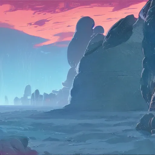 Image similar to concept art painting of prehistoric alien planet life, detailed, cel shaded, in the style of makoto shinkai and moebius and james gurney