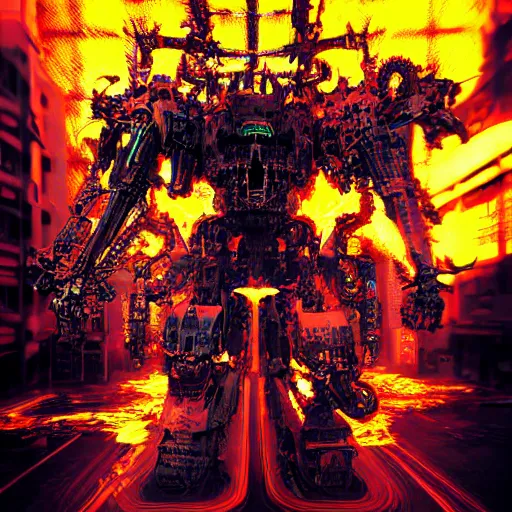 Prompt: demon mecha satanic hyperviolent siconolfi inward unreal engine 5 volumetric lighting beautiful photography psychedelic horror art destruction of city fire death satanic hyperviolent hypergore hyperdetailed gruesome photo - realistic by yoji shinkawa apophasis victo ngai godmachine vektro 3 d blender model incredible coherence coherent