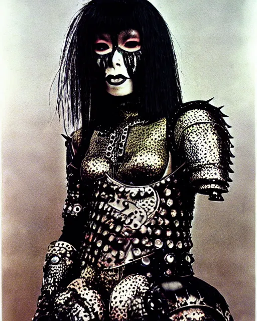 Prompt: portrait of a skinny punk goth yayoi kusama wearing armor by simon bisley, john blance, frank frazetta, fantasy, thief warrior, psychedelic fur