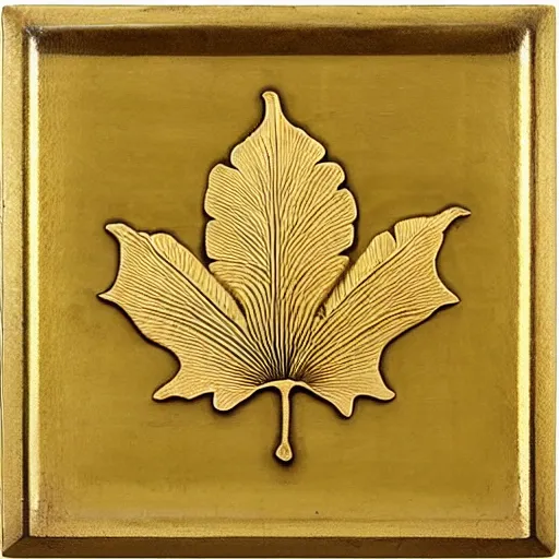 Prompt: ornate engraved carving of a ginko leaf on a square gold panel