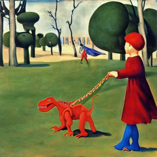 Image similar to a kid at the park walking a dinosaur with a leash, renaissance oil painting by Yves Klein and Judson Huss and Natalia Goncharova, artstation