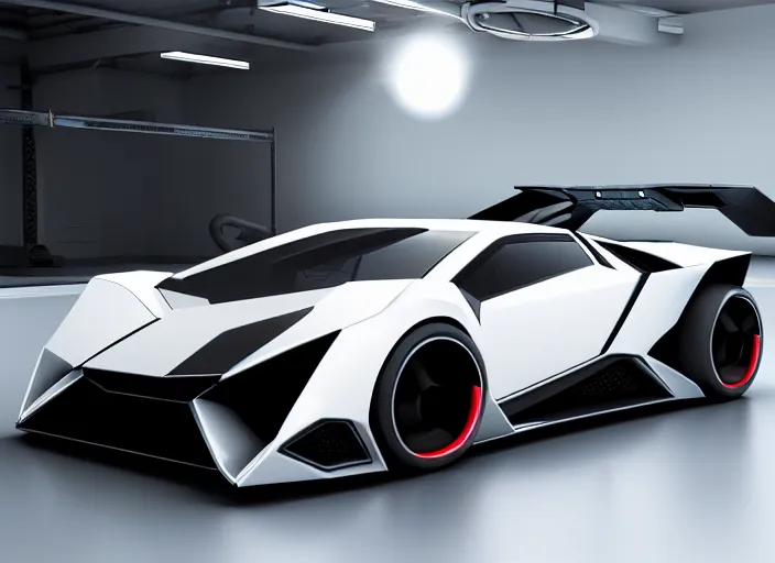 Image similar to cyberpunk lamborghini concept inspired car, futuristic look, highly detailed body, aerodynamic body, photorealistic camera shot, bright studio setting, studio lighting, crisp quality and light reflections, unreal engine 5 quality render