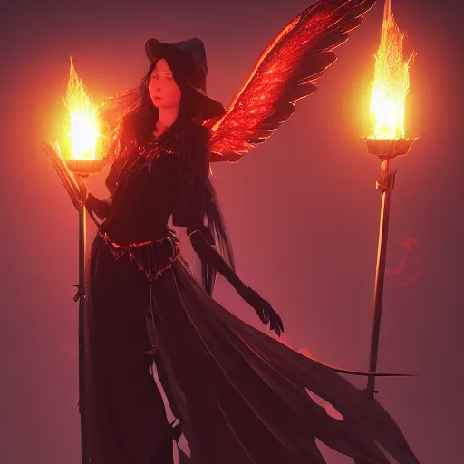 Image similar to young vampire princess witch summons with burning wings 4 k high definition dramatic lighting artstation trending path traced contrast light and dark cinematic breathtaking by dore, gustave and noriyoshi ohrai
