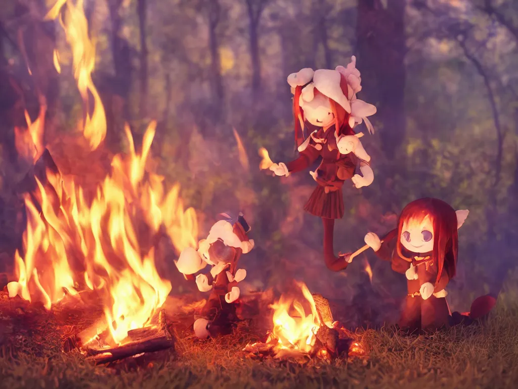 Prompt: cute fumo plush pyromaniac girl giddily starting a fire in the forest, campfire, flames, warm glow and volumetric smoke vortices, vray