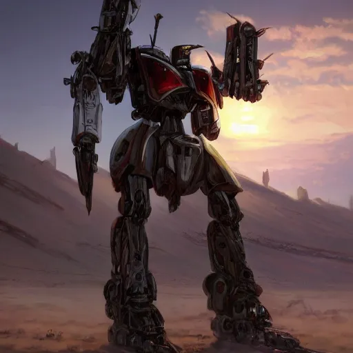 Image similar to cinematic shot of a battle scared mecha robot with medieval armor is in the dessert moving slowly with his sword on the ground sunset digital painting, artstation, concept art, soft light, hdri, smooth, sharp focus, illustration, fantasy, intricate, elegant, highly detailed, D&D, matte painting, in the style of Greg Rutkowski and Alphonse Mucha and artemisia, 8k, highly detailed, jurgens, rutkowski, bouguereau, pastoral, rustic, georgic