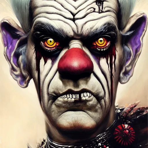 Prompt: photorealistic portrait of evil looking boris karloff wearing intricate shao khan costume, bizarre voodoo makeup, clown makeup, by amano, karol bak, greg rutkowski, and akira toriyama, tonalism, hyperrealistic, artgerm, concept art, masterpiece.