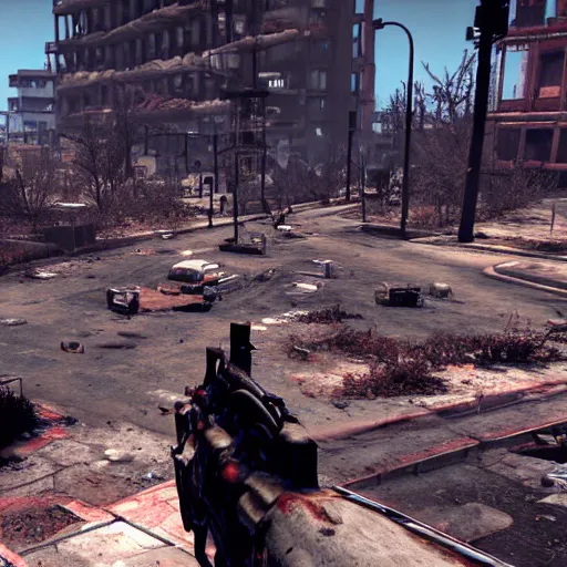 Image similar to Barcelona in ruins post-nuclear war in Fallout 4, in game screenshot