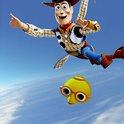 Image similar to woody from toy story skydiving