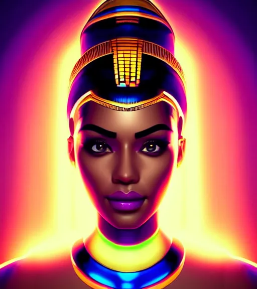 Image similar to symmetry!! egyptian queen of technology, solid cube of light, hard edges, product render retro - futuristic poster scifi, lasers and neon circuits, brown skin beautiful egyptian, queen, intricate, elegant, highly detailed, digital painting, artstation, concept art, smooth, sharp focus, illustration, dreamlike, art by artgerm