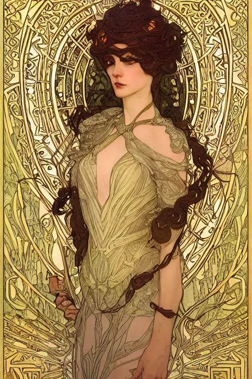 Image similar to full - body artwork, cattie - brie of mithril hall, andreas rocha, greg rutkowski. art nouveau neo - gothic sculpture by mucha. swirly intricate gilded linework background. gaudy colors, sharp edges. ultra clear detailed. 8 k. elegant. octane render