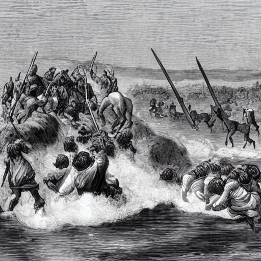 Prompt: Moses and the Israelites crossing the Sea