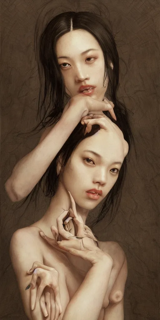 Image similar to Kiko Mizuhara, physically accurate, dramatic dynamic lighting, intricate, elegant, highly detailed, digital painting, artstation, very hyperrealistic, HR GIGER, Hieronymus Bosch, Francis Bacon, Tomas Sanchez, Renaissance, concept art, smooth, sharp focus, illustration, art by artgerm and greg rutkowski and alphonse mucha