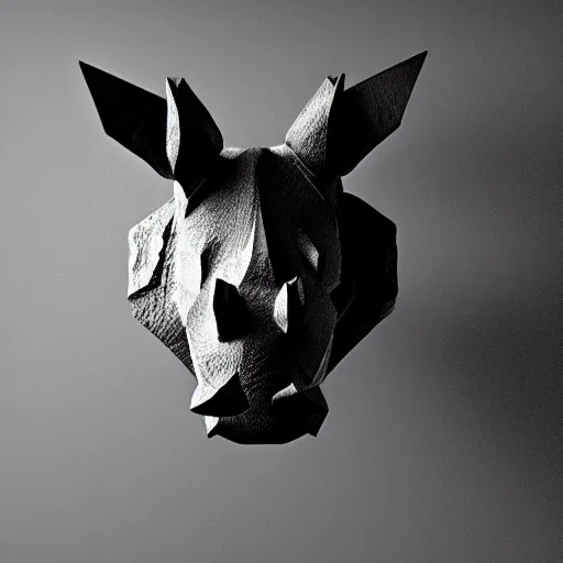 Prompt: rhino head made of black cast iron on a black background. gothic baroque. low poly. symmetry. epic. ominous shapes. hyper detailed.