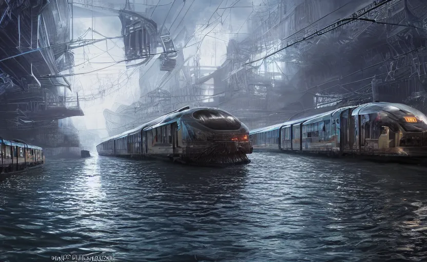 Image similar to An urban train rides inside of a waterway on a fantasy city, hyperrealistic mixed media, stunning 3d render inspired art by P. Craig Russell and Barry Windsor-Smith + perfect facial symmetry + dim volumetric lighting, 8k octane beautifully detailed render, post-processing, extremely hyperdetailed, intricate futuristic mechanic parts, epic composition, grim yet sparkling atmosphere, cinematic lighting + masterpiece, trending on artstation