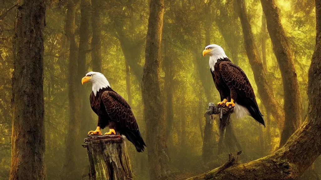 Prompt: Beautiful American Bald Eagle in the woods” Beautiful Dreamscape, Digital art, concept art, detailed, lovely colors, Art station,3-D 4K, beautiful background, matte painting, Thomas Kinkade,