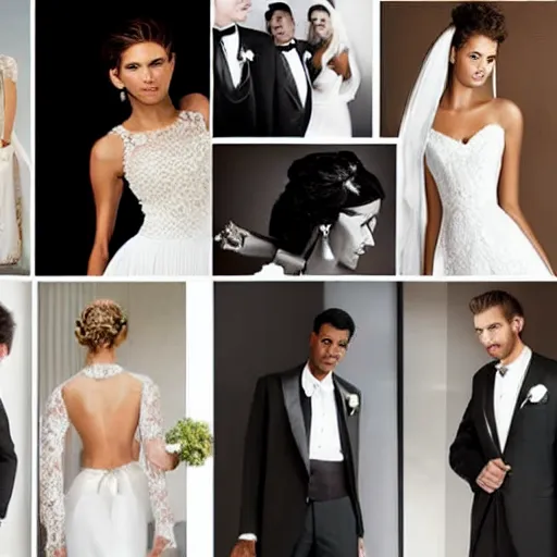 Prompt: a collage of wedding dresses and tuxedos