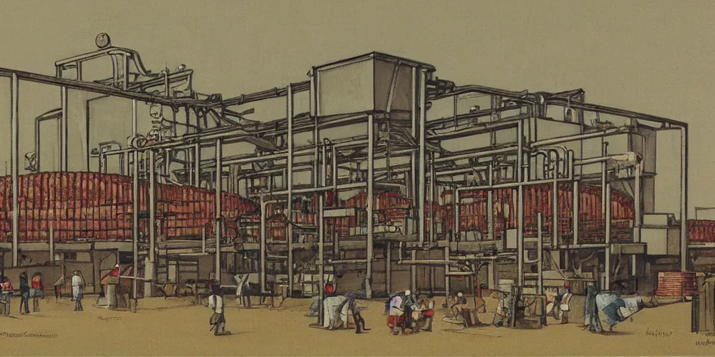 Image similar to painting of a meat processing plant, hariton pushwagner