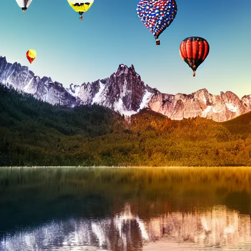 Image similar to photo of two black swans swimming in a beautiful reflective mountain lake, touching heads, forming a heart with their necks, a colorful hot air balloon is flying above the swans, hot air balloon, intricate, 8k highly professionally detailed, HDR, CGsociety