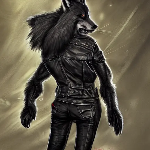 Image similar to A wolf-fox hybrid with a small head wearing a leather jacket and leather jeans and leather gloves, trending on FurAffinity, energetic, dynamic, digital art, highly detailed, FurAffinity, high quality, digital fantasy art, FurAffinity, favorite, character art