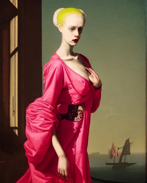 Image similar to portrait of a young pale woman with lilac hair, wearing a neon red dress by Vivienne Westwood, intricate details, cyberpunk, super-flat, in the style of Bartholomäus the Elder, black background