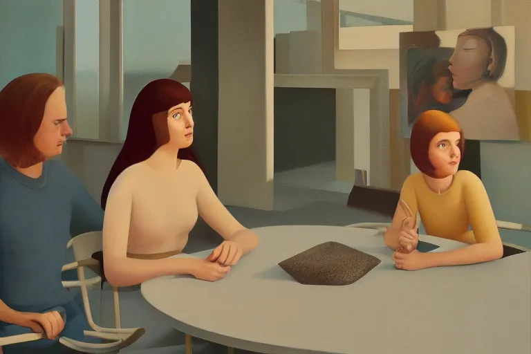 Prompt: beautiful painting of friends sitting at a half - turn on the edge, cute, soft light, digital painting by diane arbus and ralph mcquarrie and harry bertoia octane render