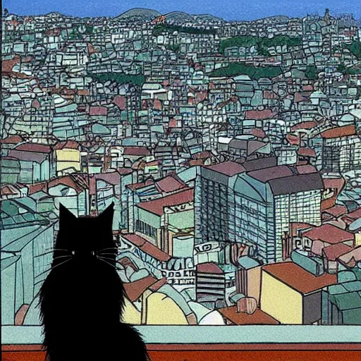 Image similar to an anthro black cat looking out over a city, Miyazaki, studio ghibli