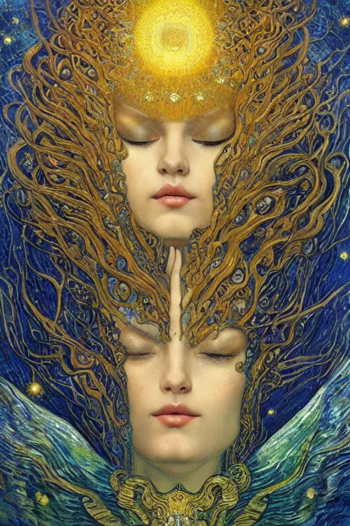 Image similar to Visions of Paradise by Karol Bak, Jean Deville, Gustav Klimt, and Vincent Van Gogh, visionary, ethereal saint portrait, otherworldly, dreamscape, radiant halo, fractal structures, infinite wings, ornate gilded medieval icon, third eye, spirals, heavenly spiraling clouds with godrays, airy colors