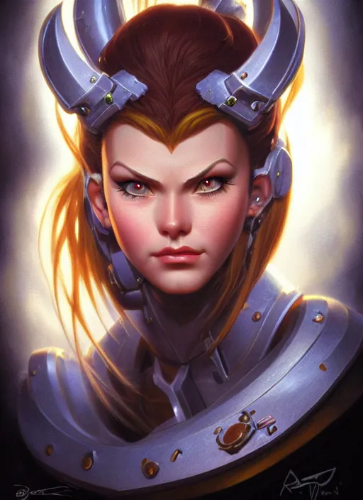 Image similar to brigitte from overwatch, fantasy, fantasy art, character portrait, portrait, close up, highly detailed, intricate detail, amazing detail, sharp focus, vintage fantasy art, vintage sci - fi art, radiant light, caustics, by boris vallejo