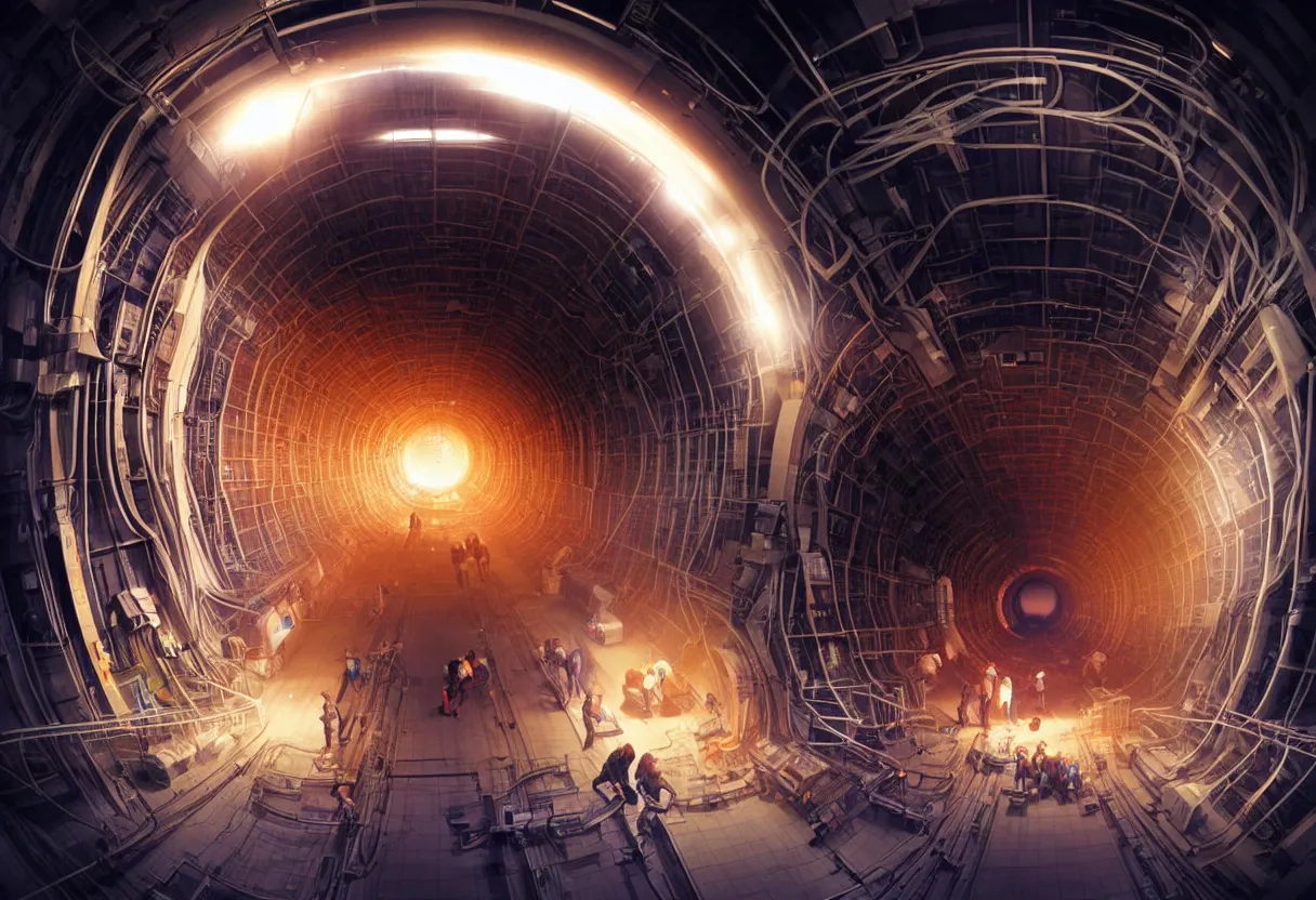 Image similar to man trapped inside cern large hadron collider, his body getting pulled apart by particle collision, ultra high definition, ultra detailed, symmetry, matte painting, by greg rutkowski and ross tran and wlop