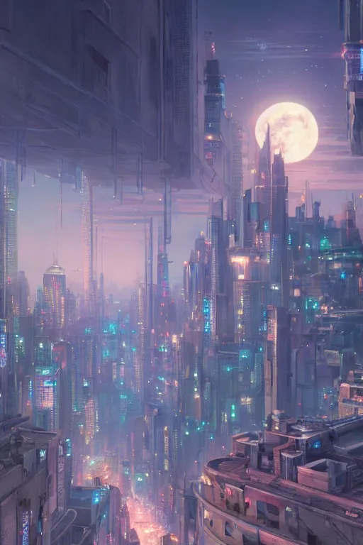 Image similar to a highly detailed matte painting of a city under moon and stars by studio ghibli, makoto shinkai, by artgerm, by wlop, by greg rutkowski, volumetric lighting, cyberpunk, octane render, 4 k resolution, trending on artstation, masterpiece