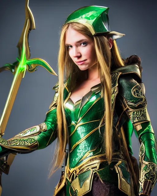 Image similar to a beautiful elf ranger with long hair and green eyes, no helmet, wearing green and gold futuristic mecha armor, with ornate rune carvings and glowing lining, very detailed, shot in canon 50mm f/1.2,