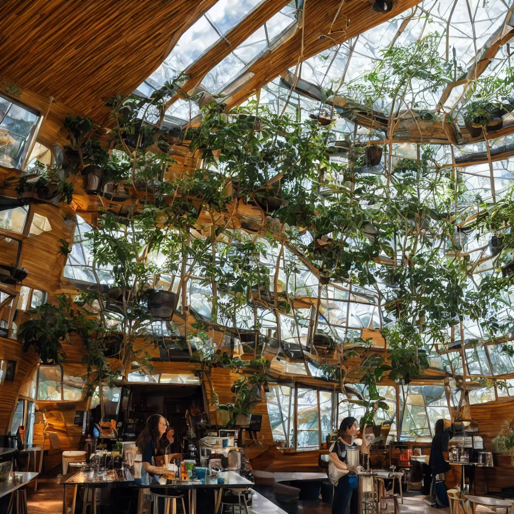 Image similar to inside luxurious earthship cafe with sunken lounge and indoor garden with skylights, friendly barista, and artist painting a calming mural on the wall, clean and simple composition, golden ratio, rule of thirds, XF IQ4, 150MP, 50mm, F1.4, ISO 200, 1/160s, dawn