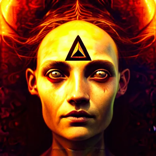 Prompt: portrait of a illuminati goddess, face with the third eye, third eye on her forehead, atmospheric lighting, painted, intricate, volumetric lighting, beautiful, rich deep colours masterpiece, golden hour, sharp focus, ultra detailed, by Leesha Hannigan, Ross Tran, Thierry Doizon, Kai Carpenter, Ignacio Fernández Ríos