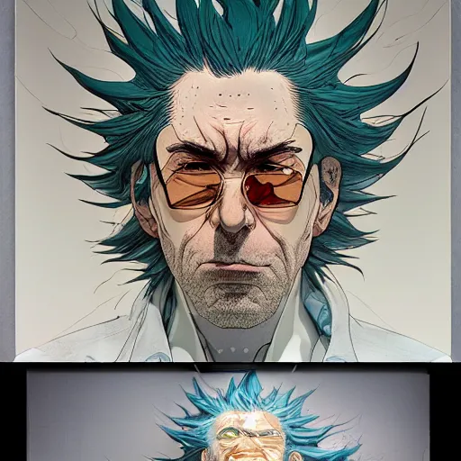 Image similar to 3 0 0 0 rick sanchez portrait soft light by james jean and katsuhiro otomo and erik jones, inspired by akira anime, smooth face feature, intricate high detail, sharp high detail, manga and anime