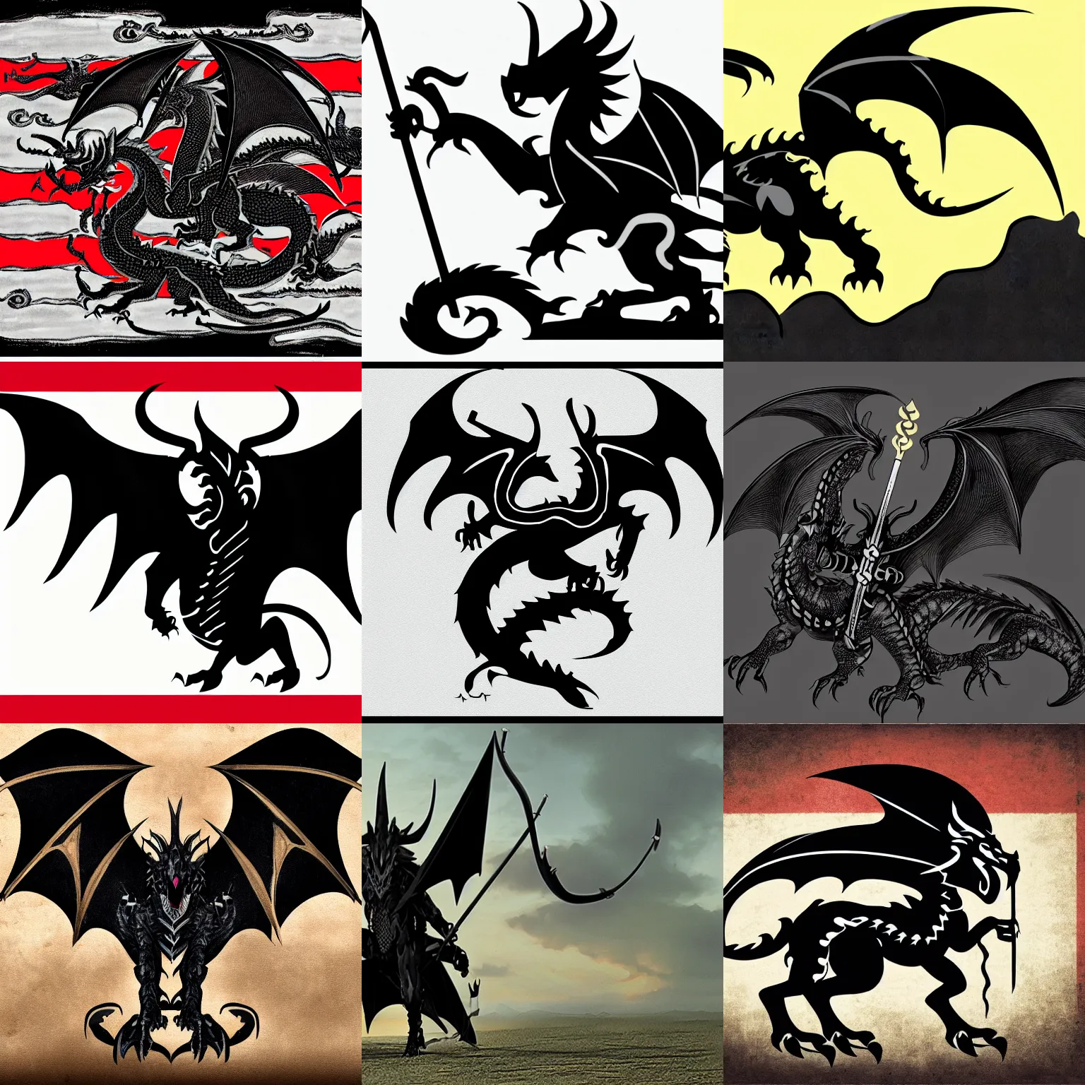 Image similar to a black western dragon with four horns, waving a flag with lambda symbol
