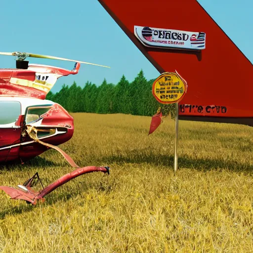 Prompt: a crashed helicopter next to a giant fried chicken, 8k resolution, amazing detail