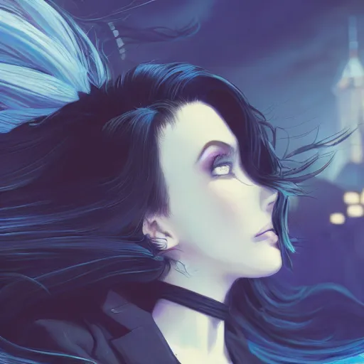 Image similar to low - angle shot from behind of a long blue - haired girl in a tailcoat overlooking demacia, noir, screenshot, sharp focus, intricate, illustration, cell shaded, digital painting, highly detailed, straight hair, art by ilya kuvshinov, wlop, greg rutkowski, studio quality, james jean