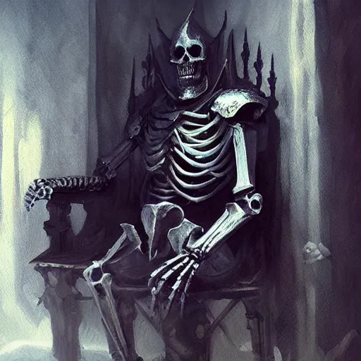 Prompt: Skeleton King, knight, resting on his throne, oil painting, by Fernanda Suarez and Greg Rutkowski