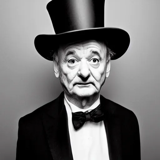 Image similar to black and white mugshot, bill murray, he is wearing a top hat, wearing bandit mask, bow tie bandit