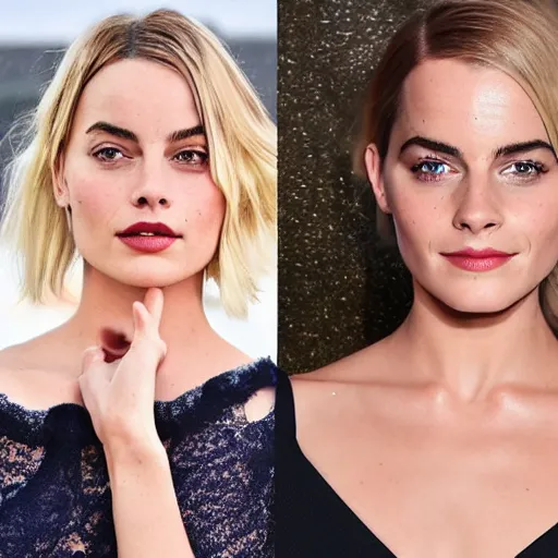 Image similar to a woman who is a genetic combination of margot robbie and emma watson face and upper - body focus