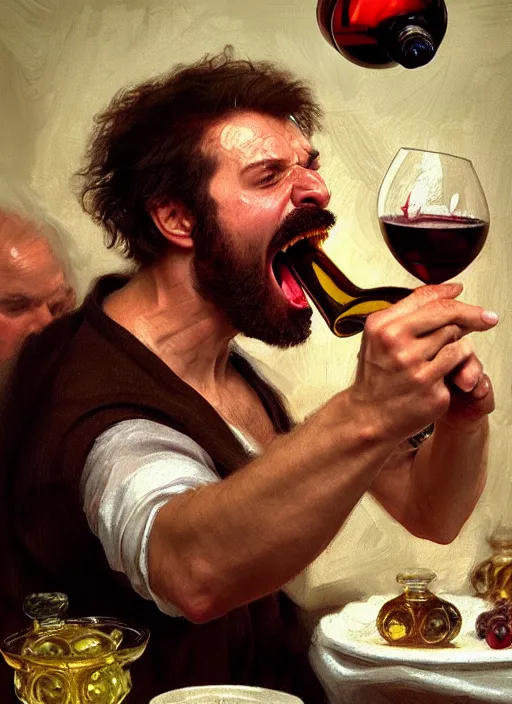 Prompt: large octoberfest invite card, man screaming at a wine glass, angry, white wine, photoshoot, 4 k, hyper realistic, natural, highly detailed, digital illustration, trending in artstation, classical painting, smooth, sharp focus art by ilya repin