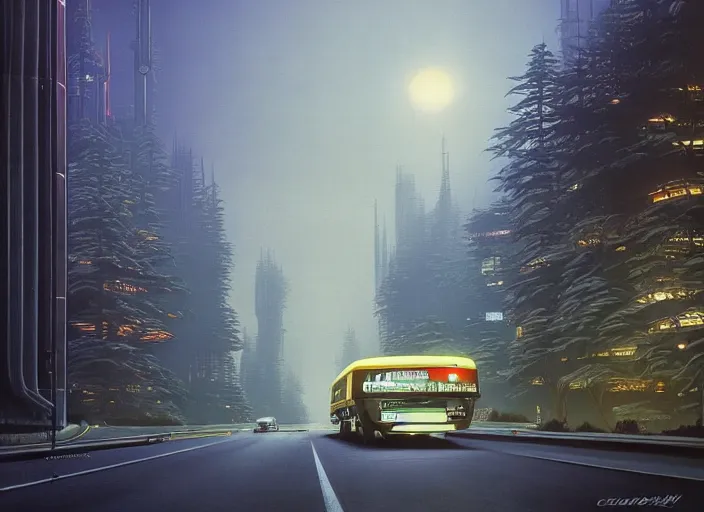 Image similar to a bus driving down a street next to tall Forest the night, cyberpunk art by Chesley Bonestell, cgsociety, retrofuturism, matte painting, reimagined by industrial light and magic