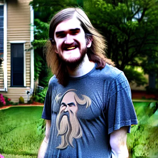 Image similar to bearded long - haired bo burnham outside of his house, smiling and dancing