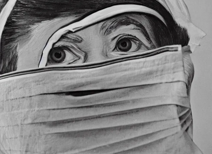 Image similar to cinematic mid shot of a high detail, vivian dorothy maier, with surgical mask. where's wally, line drawing by van gogh