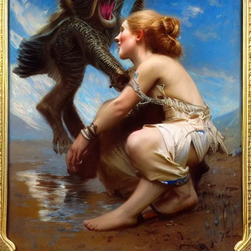 Image similar to a young girl fighting a primal predator, highly detailed painting by gaston bussiere and j. c. leyendecker 8 k